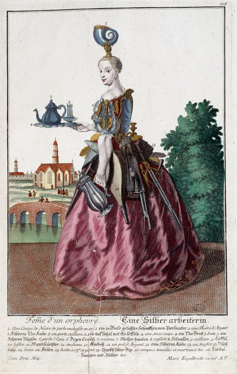 Metier: Kvinna av en guldfisk. Gravyr av Martin Engelbrecht (1684-1756), i "" Ny sammansättning av manouvries habilles"" 1700-tal, Tyskland. Paris, Dekorativ konst av Martin Engelbrecht