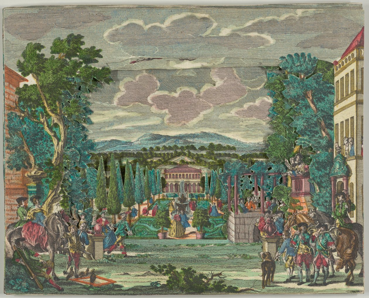 Pappersteater eller diorama av en villa och trädgård i italiensk stil av Martin Engelbrecht