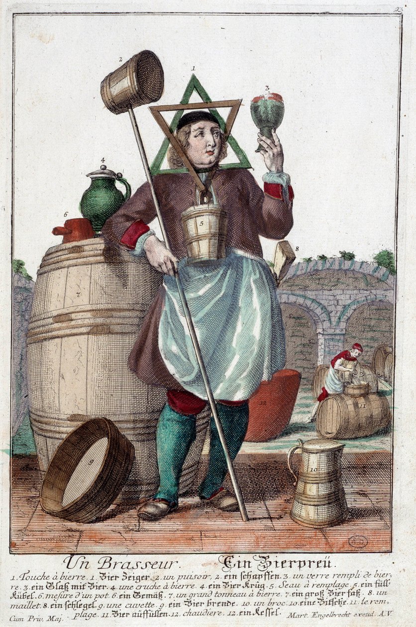 Representation av en bryggare med en fontän, ett glas, en kanna, en hink, en tunna, en klubba, en skål, en broc, en panna. Gravyr av Martin Engelbrecht (1684-1756) av Martin Engelbrecht