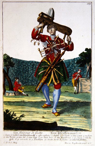 The Flute Maker, c.1735 (färgad gravyr) av Martin Engelbrecht