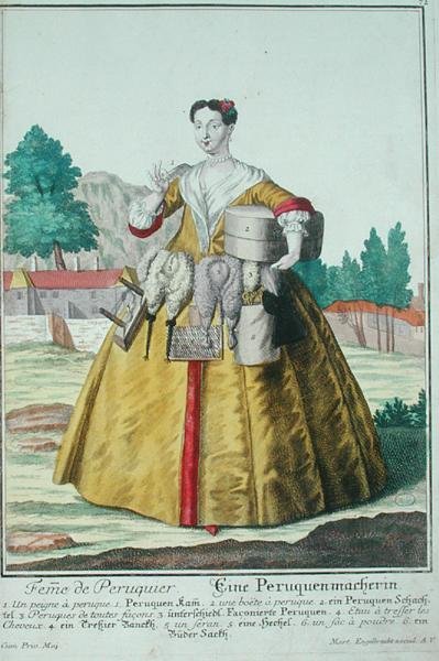 Perukmakarens hustru, publicerad i Augsburg, ca 1735 (lito i färg) av Martin Engelbrecht