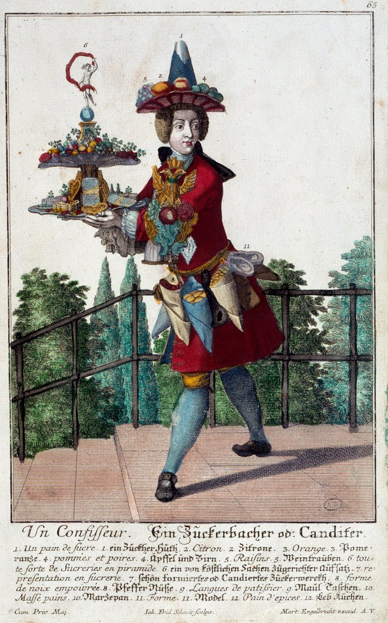 Konditorn: en ung man som håller i en bricka med godis och konfektyr. Gravyr av Martin Engelbrecht (1684-1756) 1700-talet. Paris, Dekorativ konst av Martin Engelbrecht