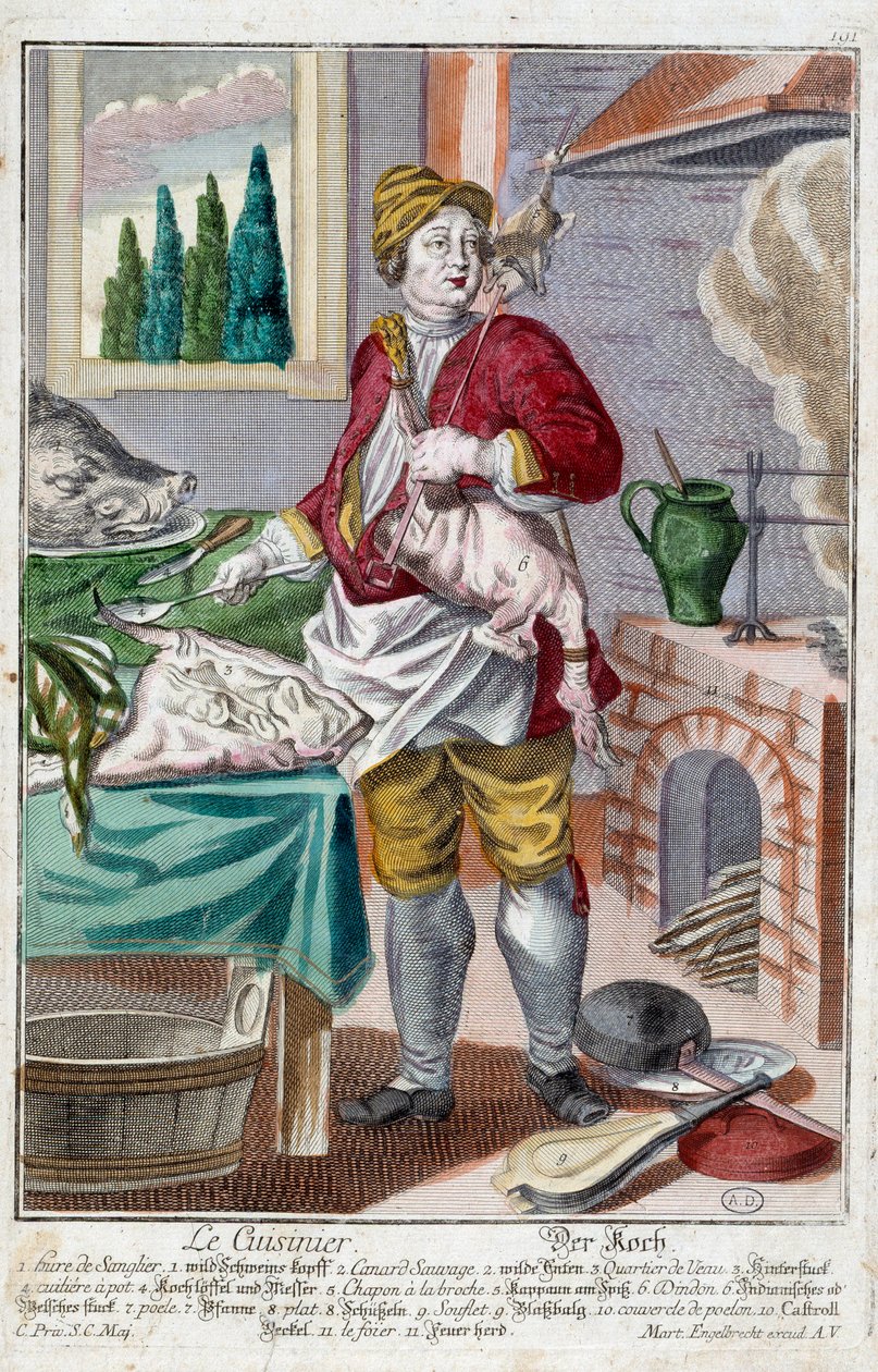 Kocken. Gravyr av Martin Engelbrecht (1684-1756), i "" Ny sammansättning av manouvries habilles"" 1700-tal, Tyskland. Paris, Dekorativ konst av Martin Engelbrecht