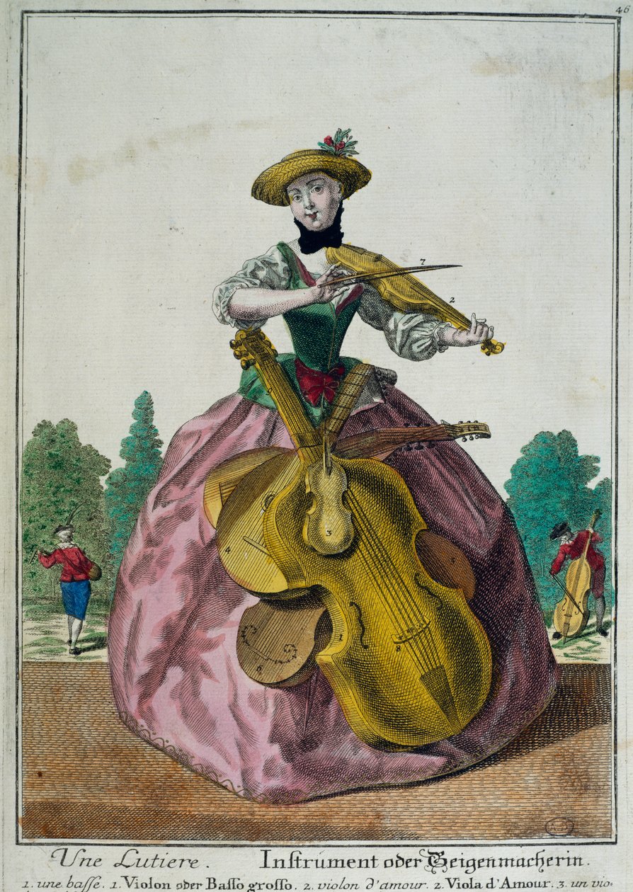 Une Lutiere, Lutist med viola, cello och violin, av Martin Engelbrecht (1684-1756), färgtryck, Frankrike av Martin Engelbrecht