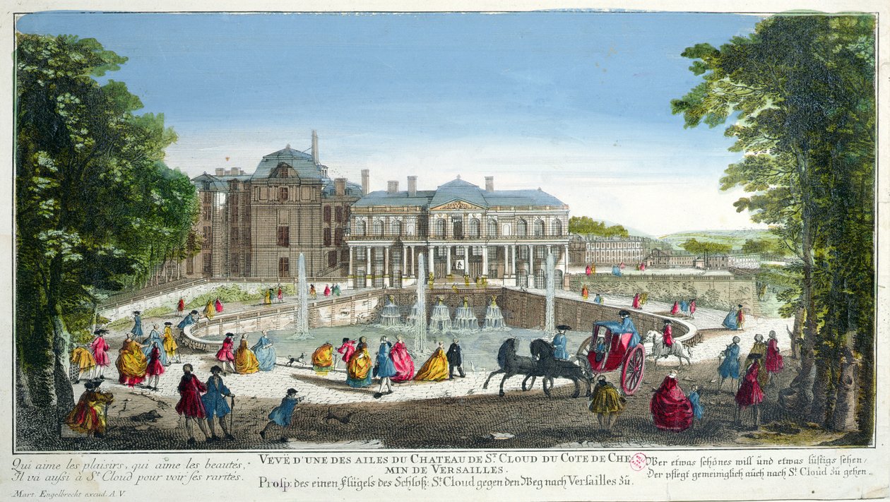 Utsikt över Chateau de Saint-Cloud nära Versailles, mitten av 1700-talet (färggravyr) av Martin Engelbrecht