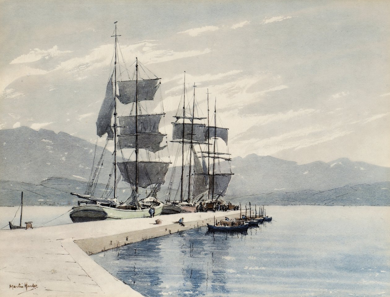 Segelfartyg vid en kaj (akvarell på papper) av Martin Hardie
