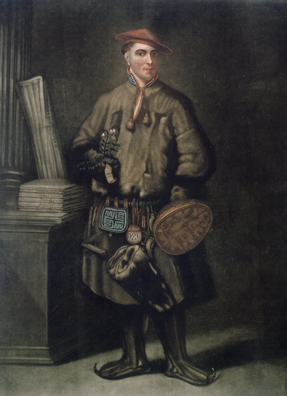 Carolus Linnaeus (1707-78) i sin lappländska klänning, graverad av Henry Kingsbury (fl.1775-98), publicerad 1805 av Martin Hoffman