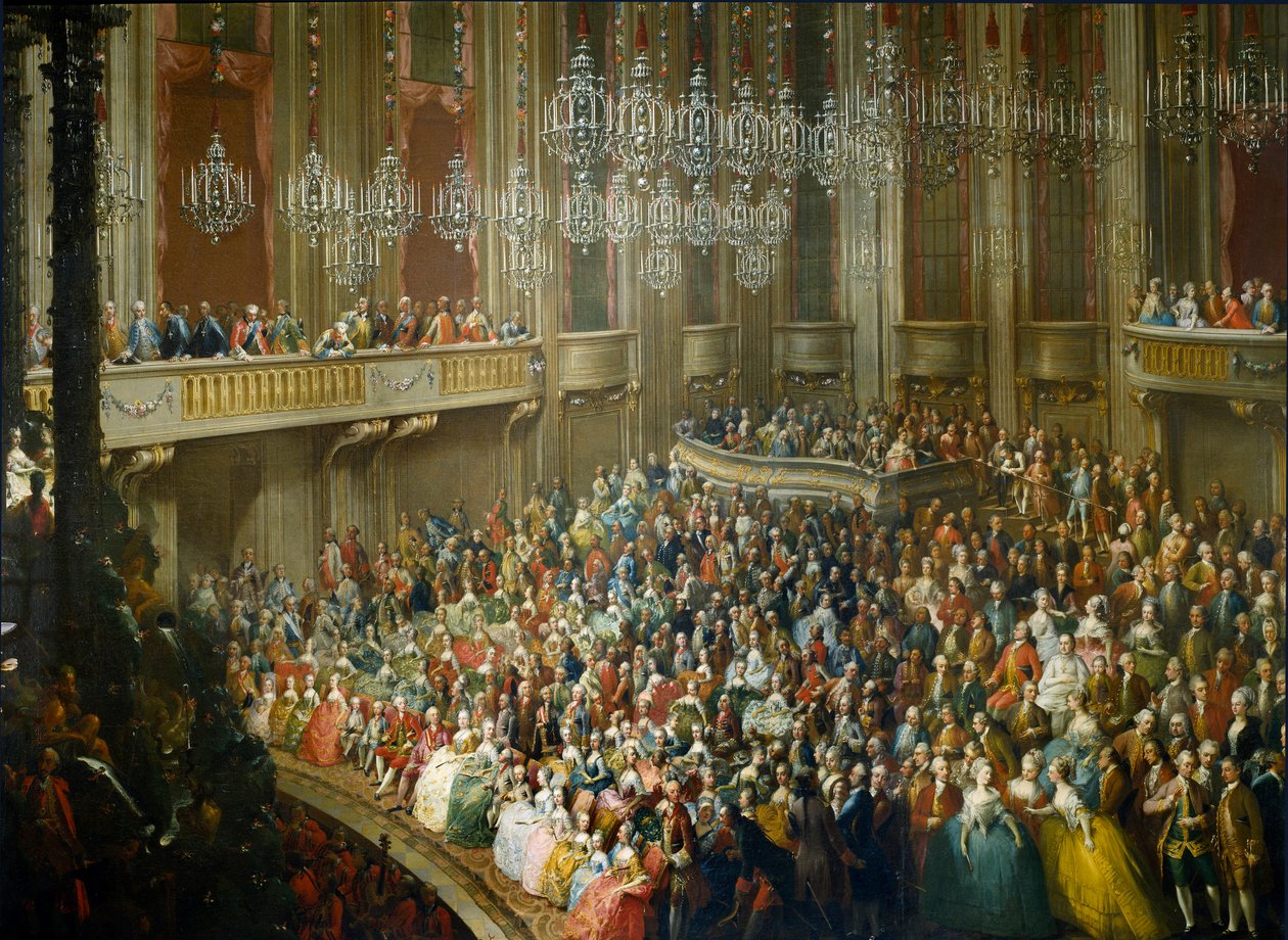 Fest för att hedra Maria Therese av Österrike (1717-1780), Josef II (1741-1790) som blev kejsare och hustru till Isabella av Parma (Bourbon-Parma) (Bourbon Parma) den 10/10/1760 den unge Wolfgang Amadeus Mozart (1756-1791) är närvarande. Målning från Sc av Martin II (school of) Mytens or Meytens
