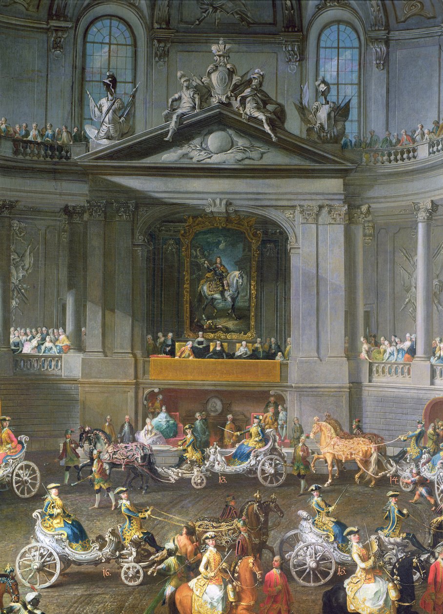 En kavalkad i vinterridskolan i Wien Hof för att fira den franska arméns nederlag i Prag som visar ryttarporträttet av kejsar Karl VI, 1743 detalj av 67400, se även 665 av Martin II Mytens or Meytens