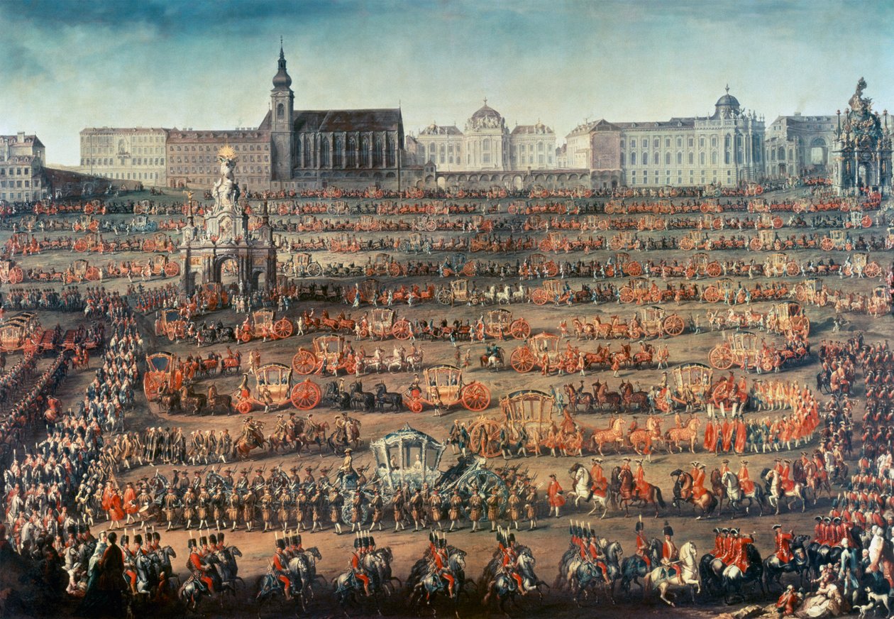 Isabella av Parmas ceremoniella inträde i Wien för att bli brud till kejsar Josef II (senare Josef II) av Martin II Mytens or Meytens
