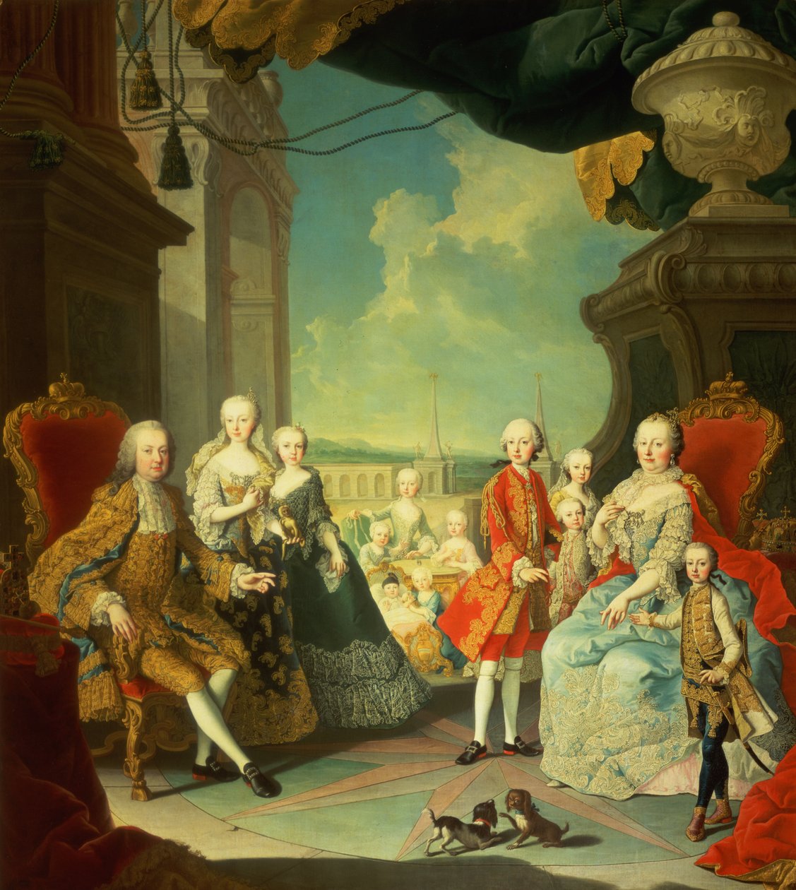 Maria Theresa och hennes man vid trappan som leder från stora salen i Schloss Schonbrunn till den stora innergården, med sina barn Josef II, Karl, Leopold II, Ferdinand, Mariana, Elizabet av Martin II Mytens or Meytens