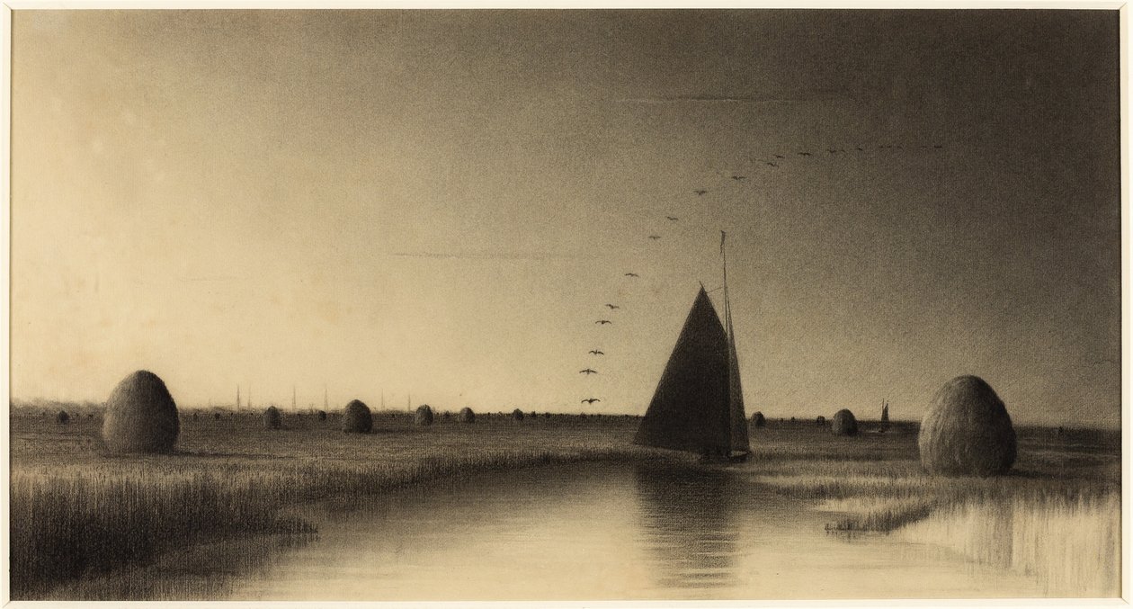 Segelbåt och höstackar på Newbury Marsh av Martin Johnson Heade