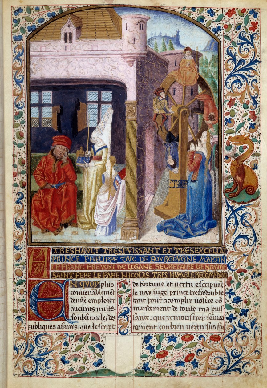 Allegory of Fortune: representation av en ung kvinna nära ett lyckohjul. Miniatyr från "The Spirit of Fortune and Virtue" av Martin Le Franc (1410-1461) 1447-1448, Paris B.N. av Martin Le Franc