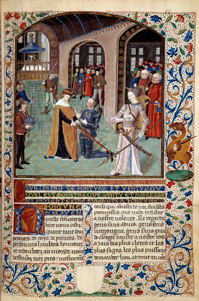 Allegory of Virtue: vasall som hyllar sin herre i närvaro av dygden. Miniatyr från "The Spirit of Fortune and Virtue" av Martin Le Franc (1410-1461) 1447-1448, Paris B.N. av Martin Le Franc