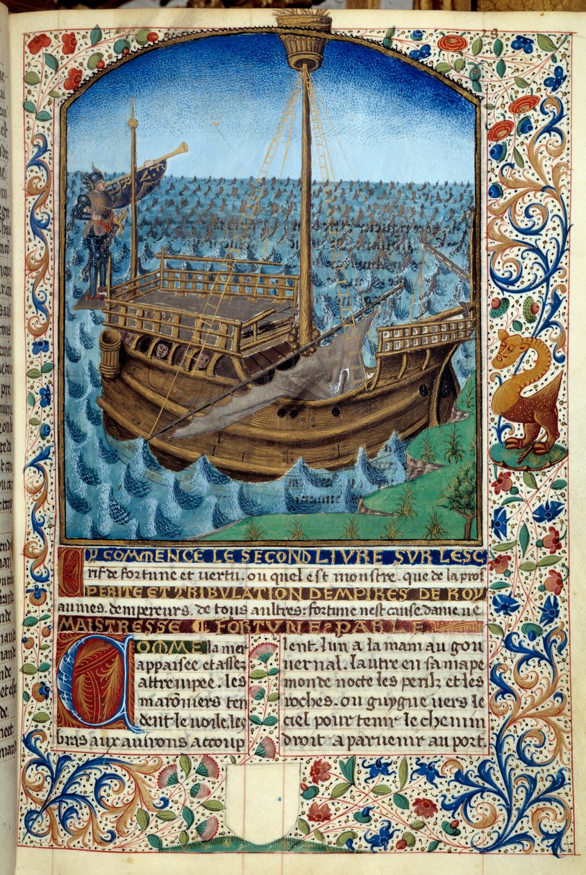 Representation av ett skepp till sjöss - Miniatyr från "The spirit of fortune and dygd" av Martin Le Franc (1410-1461) 1447-1448 - Paris B.N. - Ship at sea - Miniatyrmålning från manuskriptet "The spirit of fortune and dygd" av Martin Le Franc (1410-1461) av Martin Le Franc