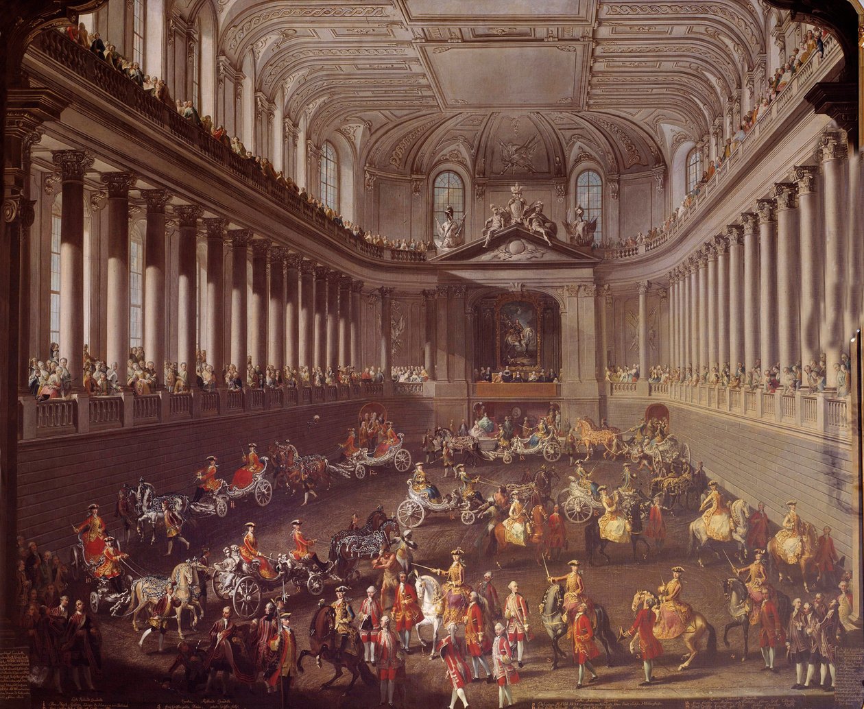 Karusellen av den spanska manegen i Wien för att fira det franska nederlaget i Prag 1763, Marie Therese från Österrike (1717-1780) är representerad på den vita hästen Målning av skolan av Martin Meytens (1695-1770) 1700-talets Wien. Konsthistoriska Mus av Martin Meytens the Younger