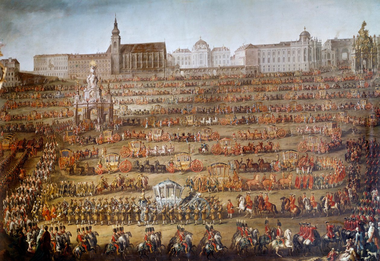 Maria Isabellas inträde av Bourbon Parma (1741-1763) till Wien i samband med hennes äktenskap med kejsar Josef II av Österrike (1741-1790), i bakgrunden Augustinernas kyrka och hovets bibliotek En enorm kortege är organiserad genom av Martin Meytens the Younger
