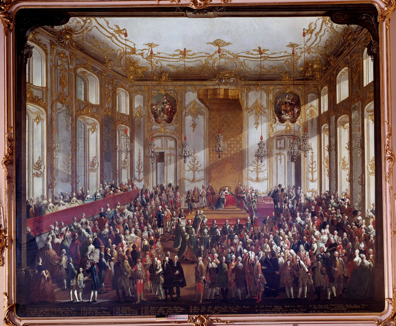 Marie Therese av Österrike (1717-1780) vid institutionsceremonin av St. Stefansorden 1764 Målning av Martin van Meytens (1695-1770) 1764 Wien. Kunsthistorische Museum - Maria Theresia av Österrike (1717-1780) under investiturceremonin o av Martin Meytens the Younger