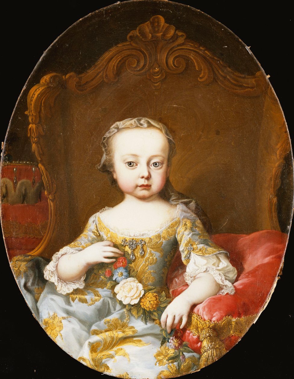 Porträtt av hans syster, ärkehertiginnan Maria Christine, sittande, tre fjärdedels längd, i en guldbroderad blå klänning som håller en krans av blommor, av Martin Meytens the Younger