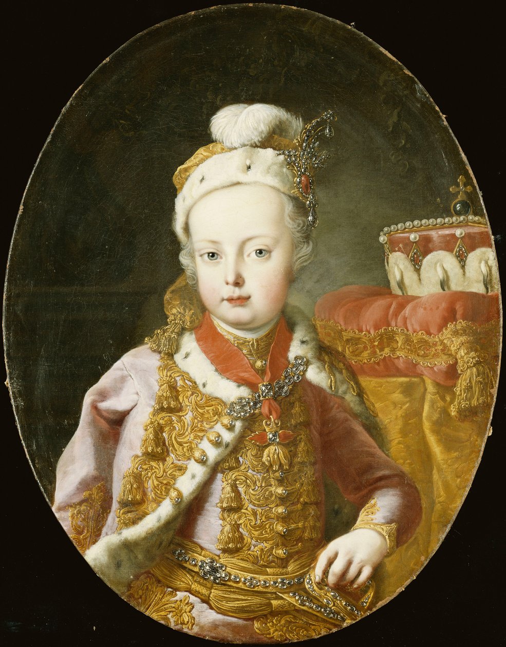 Porträtt av ärkehertigen Josef, senare kejsaren Josef II av Österrike, halvlång, i en guldbroderad rosa sammetsjacka med hermelinkant, en fjäderkåpa prydd med en brosch och klädd i Guldfleeceorden, av Martin Meytens the Younger