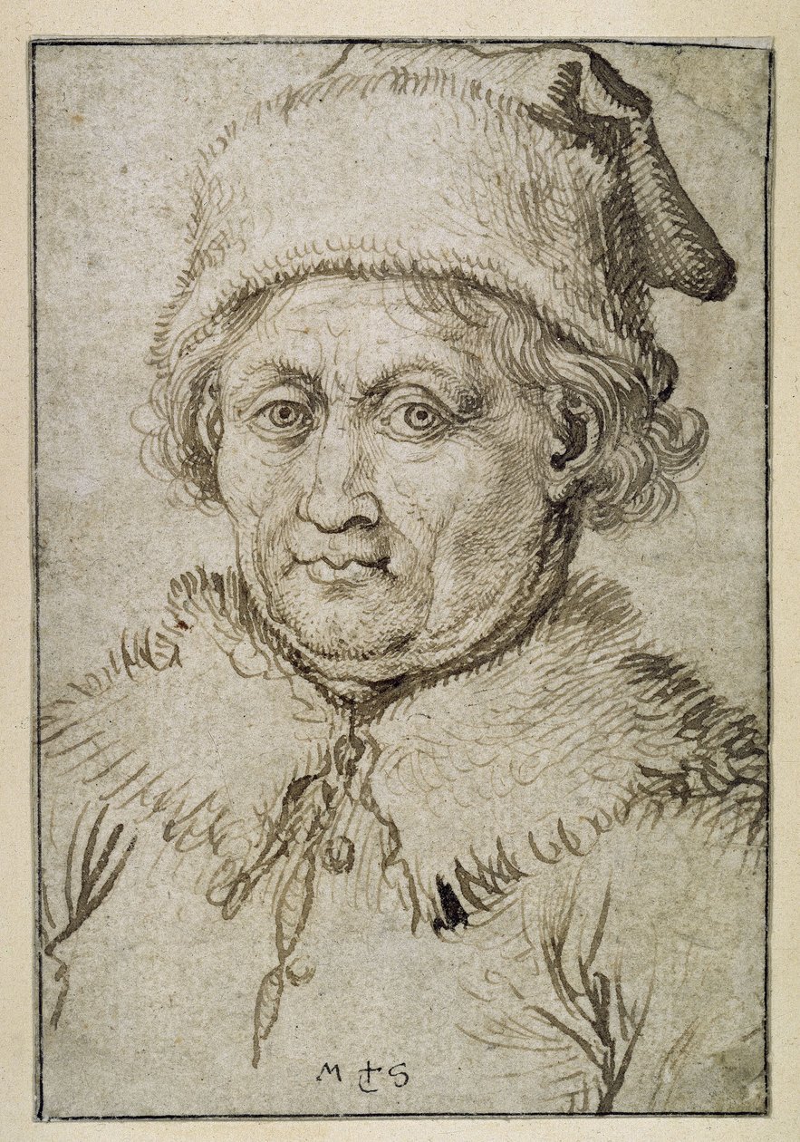 Bröstbild av en gammal man med pälskrage och pälsmössa av Martin Schongauer