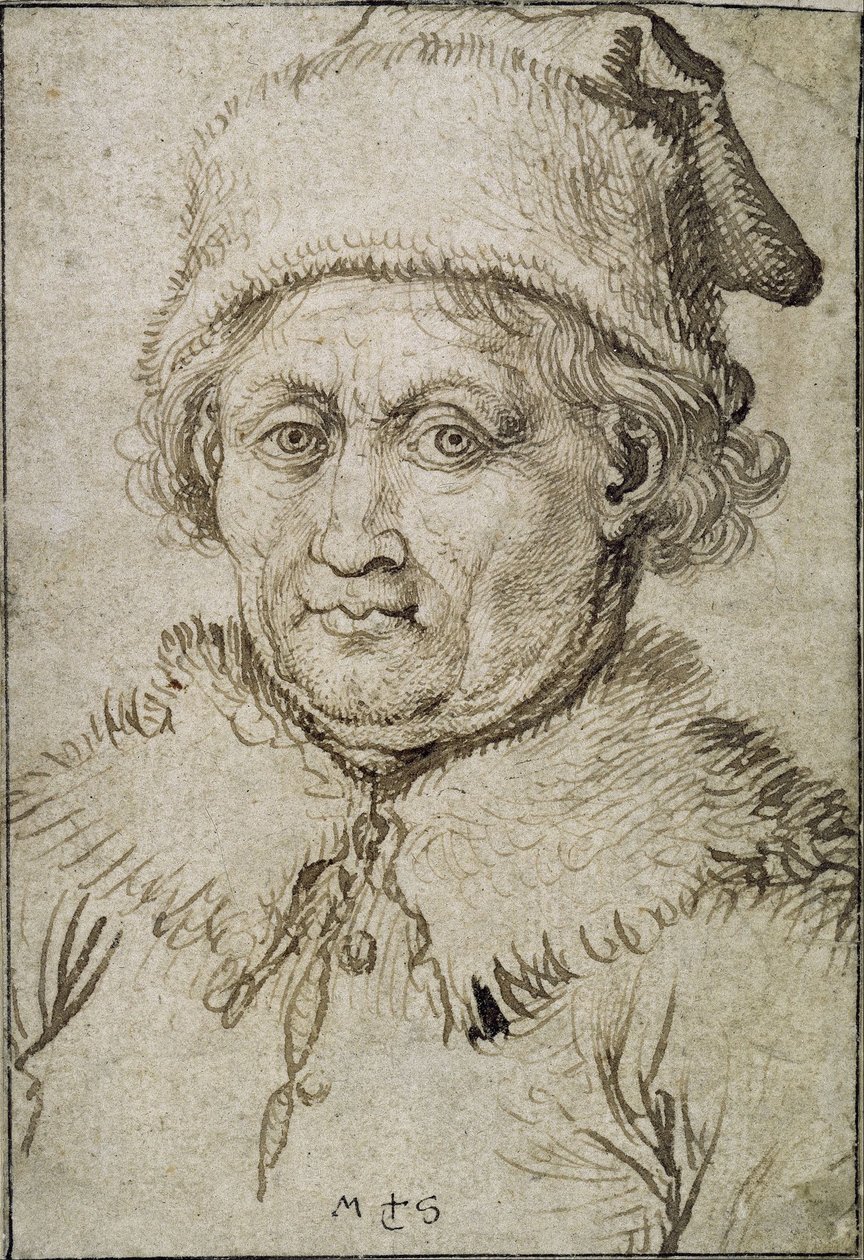 Bild i bystlängd av en gammal man med pälskrage och hatt av Martin Schongauer