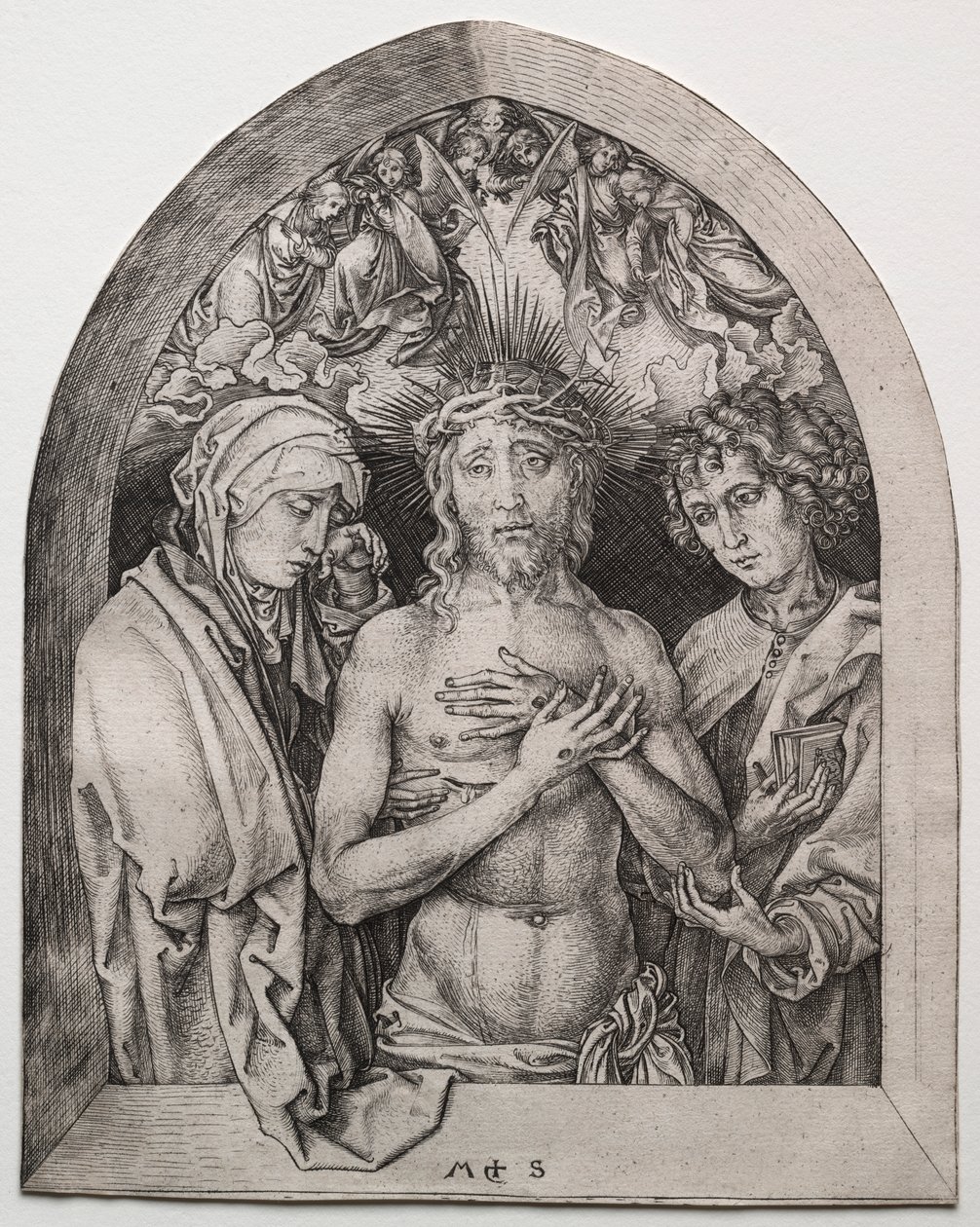 Kristus som sorgens man mellan Jungfrun och Johannes av Martin Schongauer