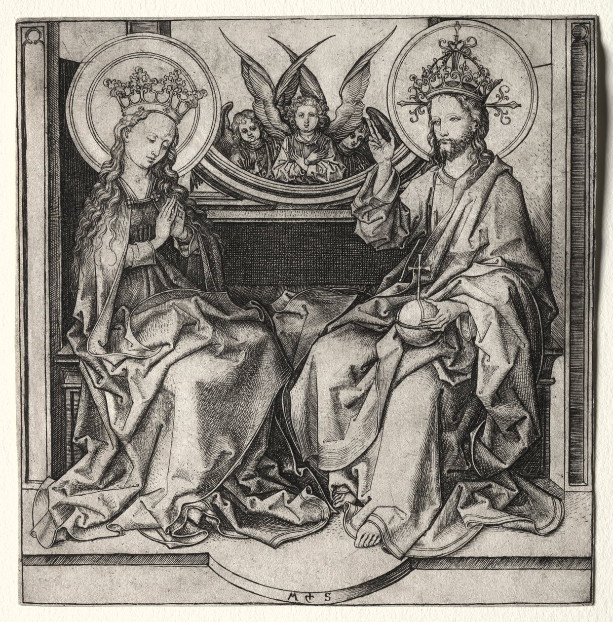 Gud Fadern och den välsignade jungfrun på tronen i närvaro av änglar, ca. 1480-90. av Martin Schongauer