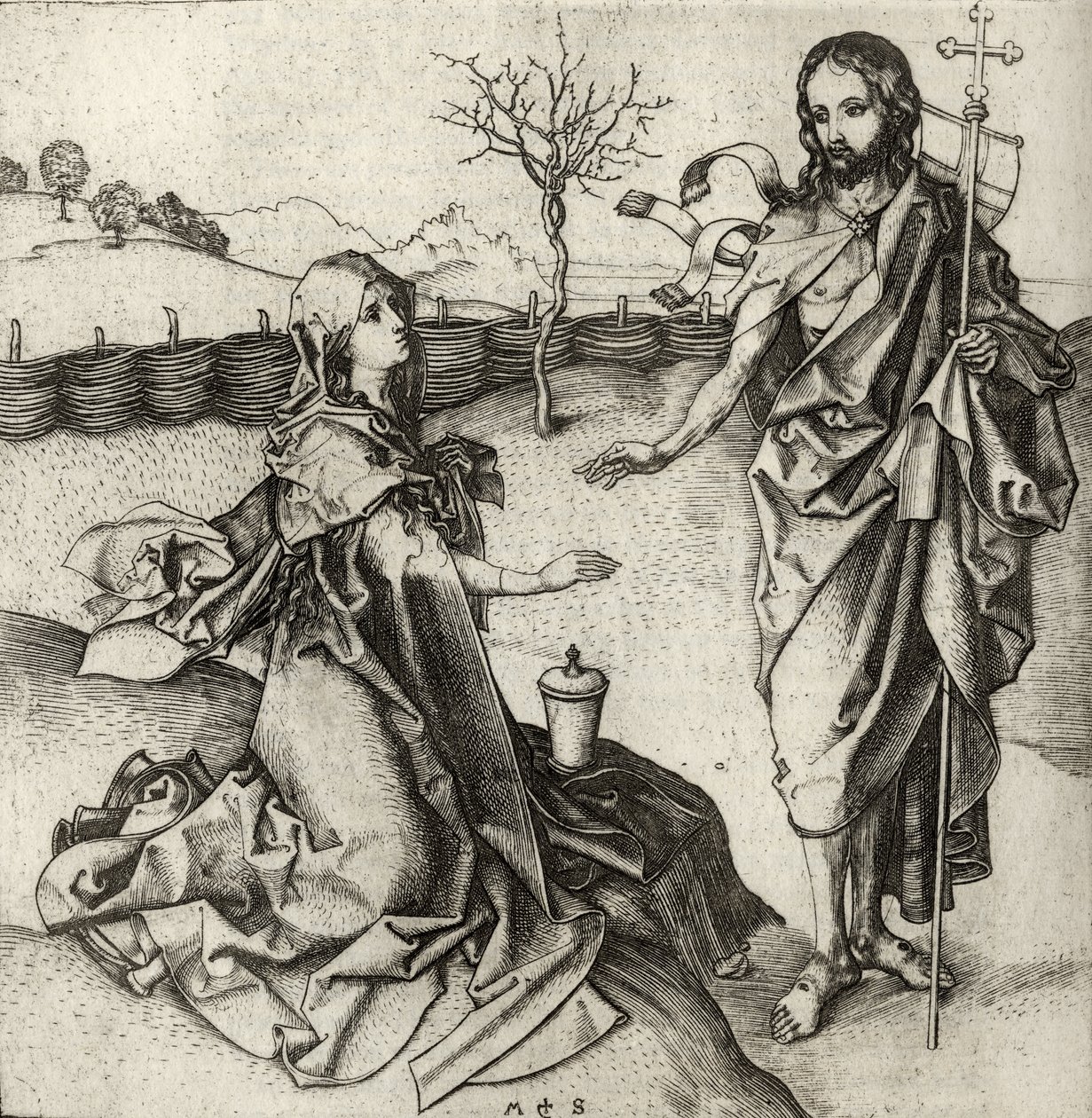 Vår Frälsare visar sig för Maria Magdalena i trädgården, från "A Catalog of a Collection of Engravings, Etchings and Woodcuts", av Richard Fisher, publicerad 1879 av Martin Schongauer