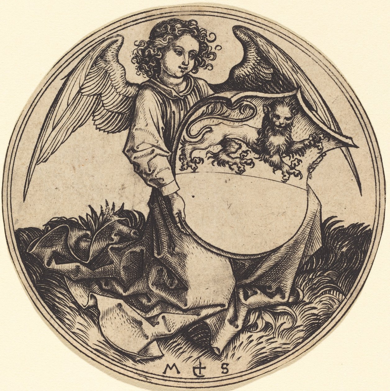 Sköld med lejon, hålls av ängel av Martin Schongauer