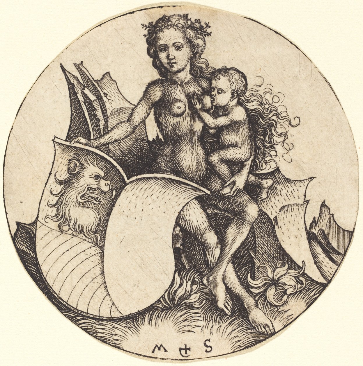 Sköld med lejonhuvud, hållen av vild kvinna av Martin Schongauer