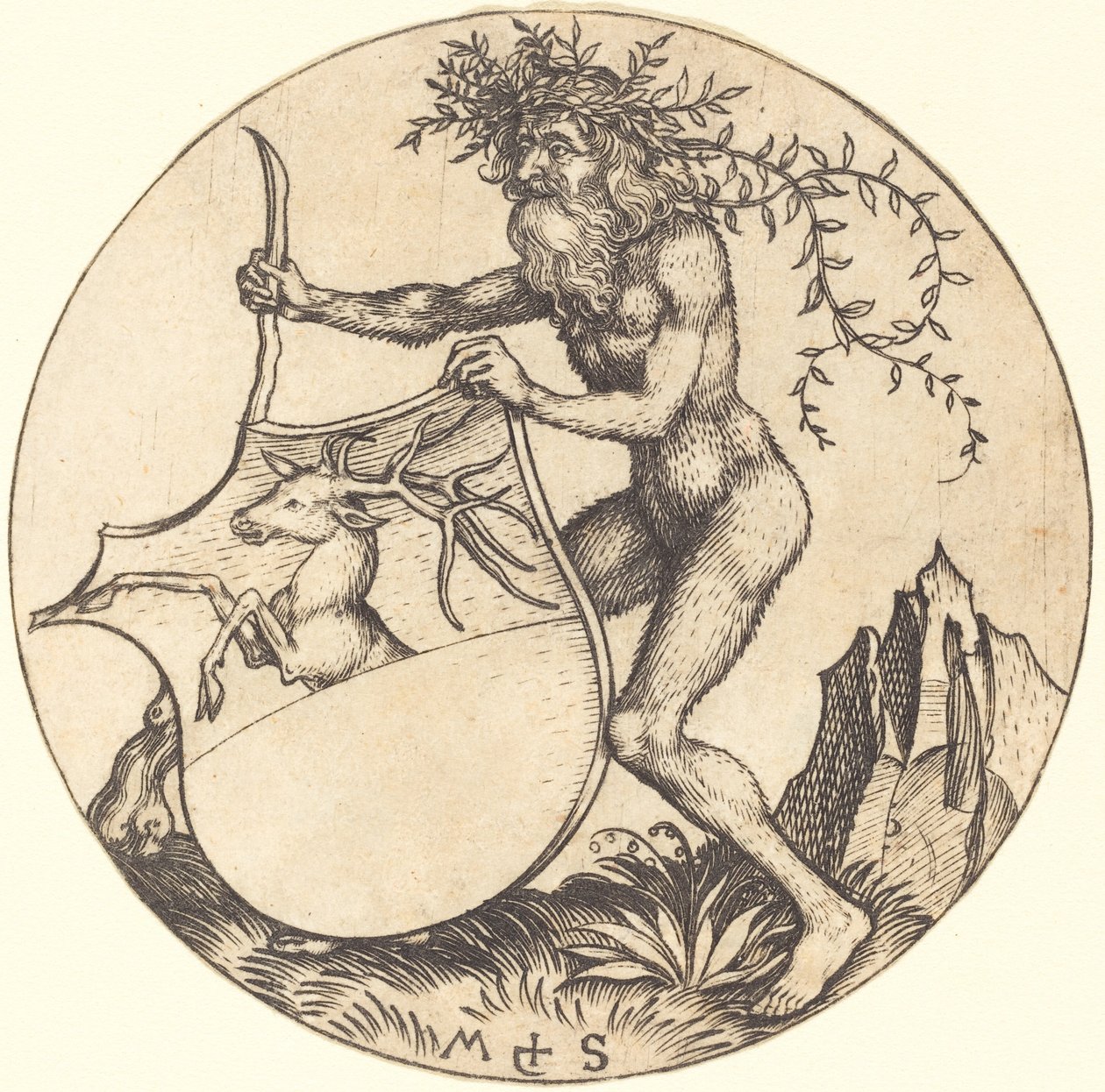 Sköld med hjort, hålls av Wild Man av Martin Schongauer