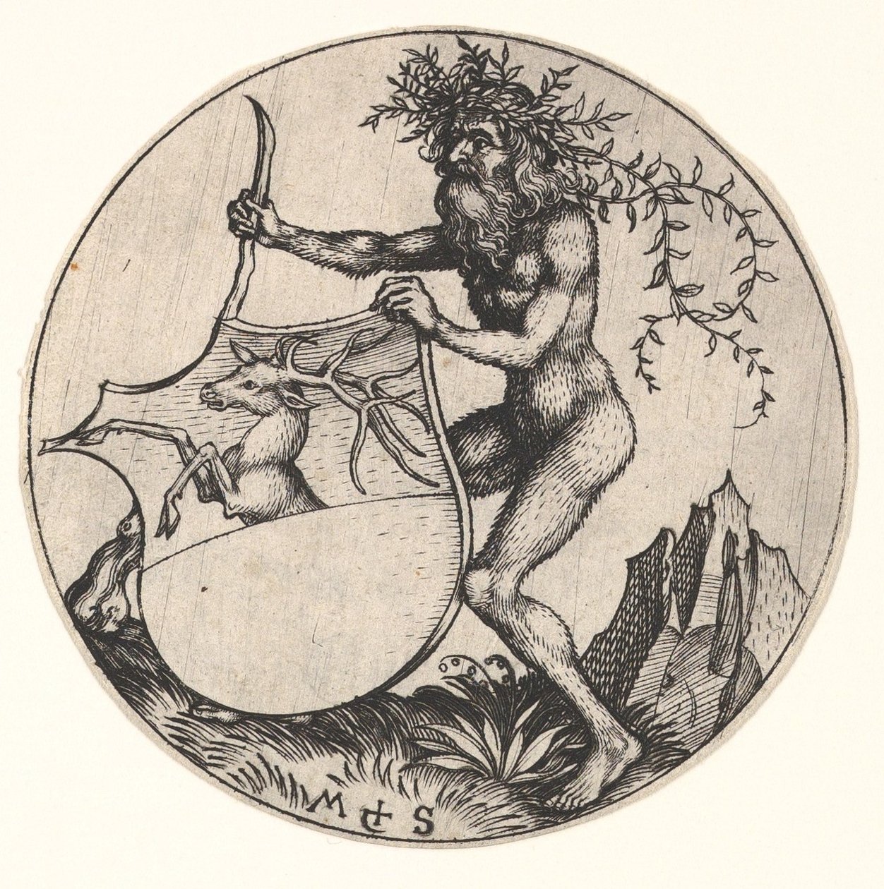 Sköld med hjort som hålls av Wild Man, ca. 1435-1491. av Martin Schongauer
