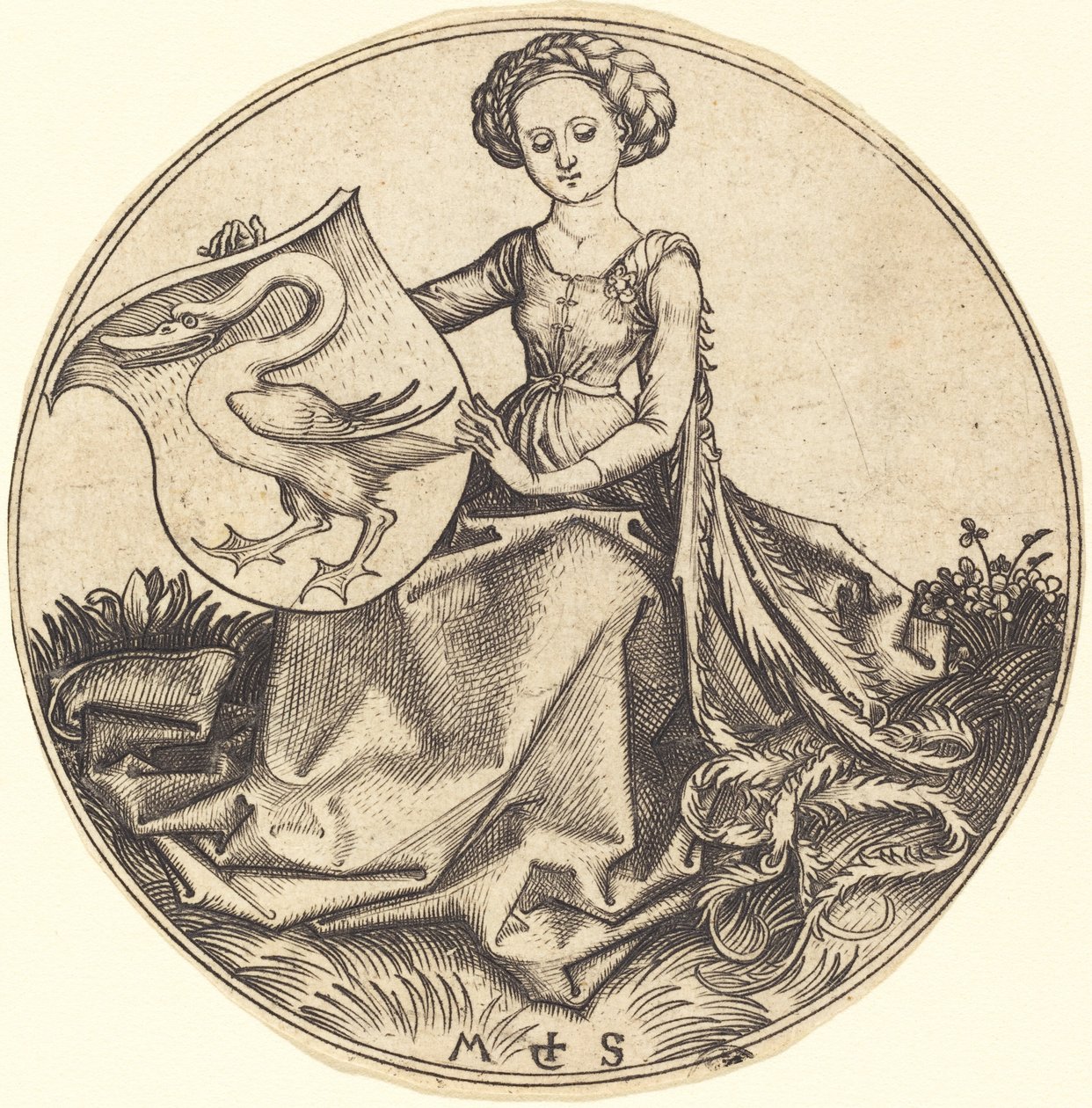 Sköld med svan, hållen av kvinna av Martin Schongauer