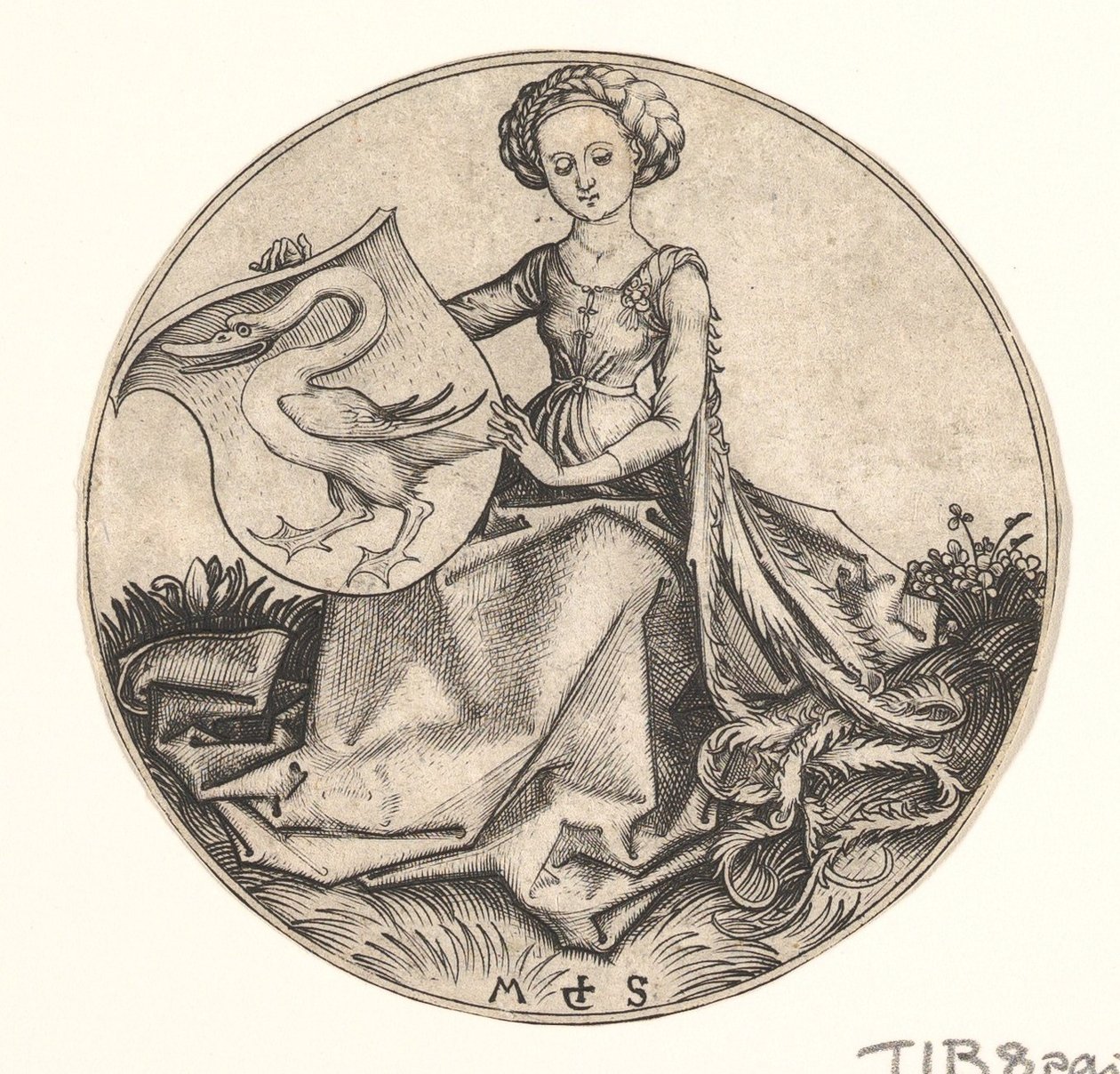 Sköld med svan som hålls av kvinna, ca. 1435-1491. av Martin Schongauer