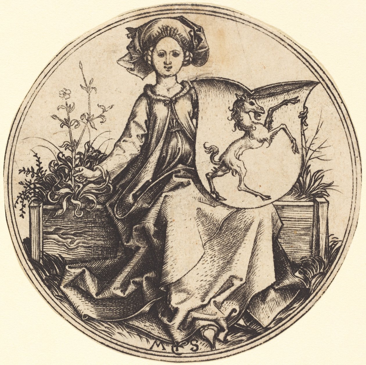 Sköld med enhörning, hålls av kvinna av Martin Schongauer