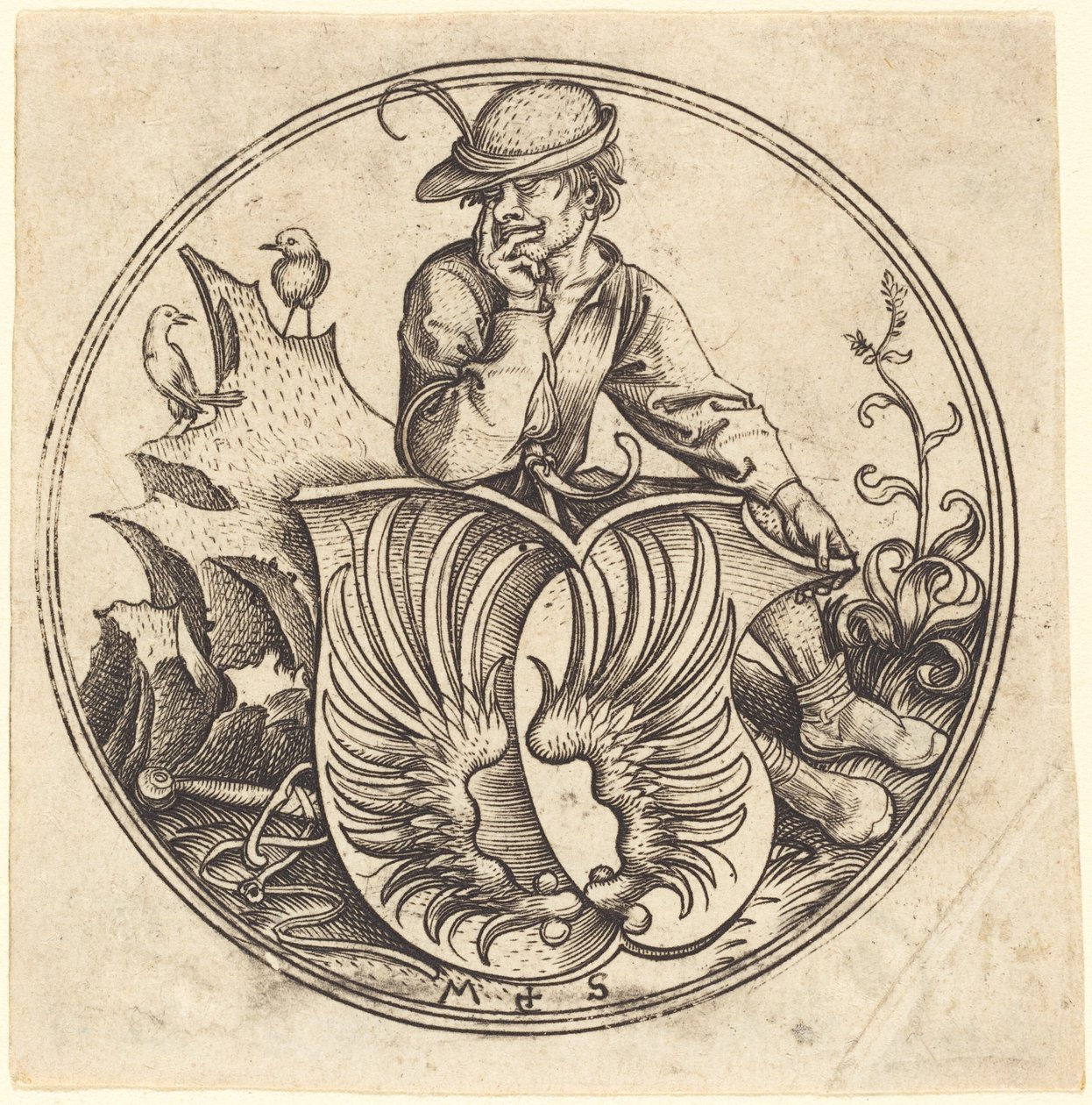 Sköld med vingar, hålls av bonde av Martin Schongauer