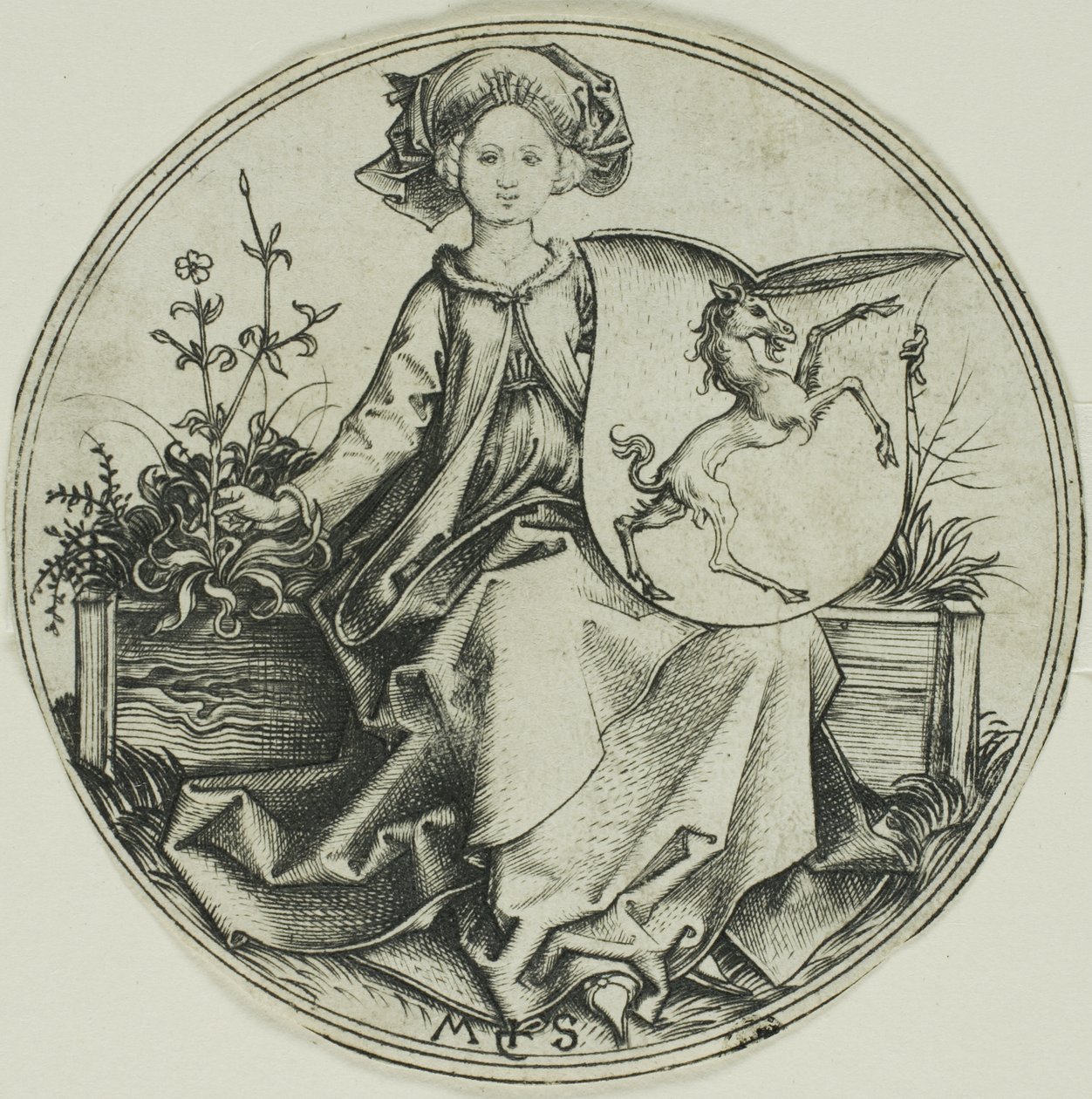 Sköld med en enhörning, hållen av en dam av Martin Schongauer