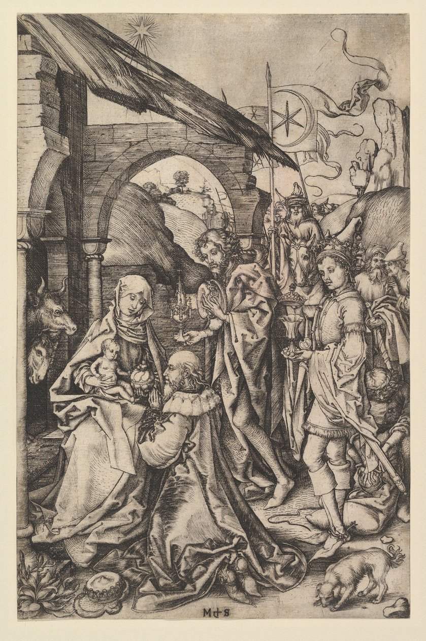 Tillbedjan av Magi, ca. 1435-1491. av Martin Schongauer