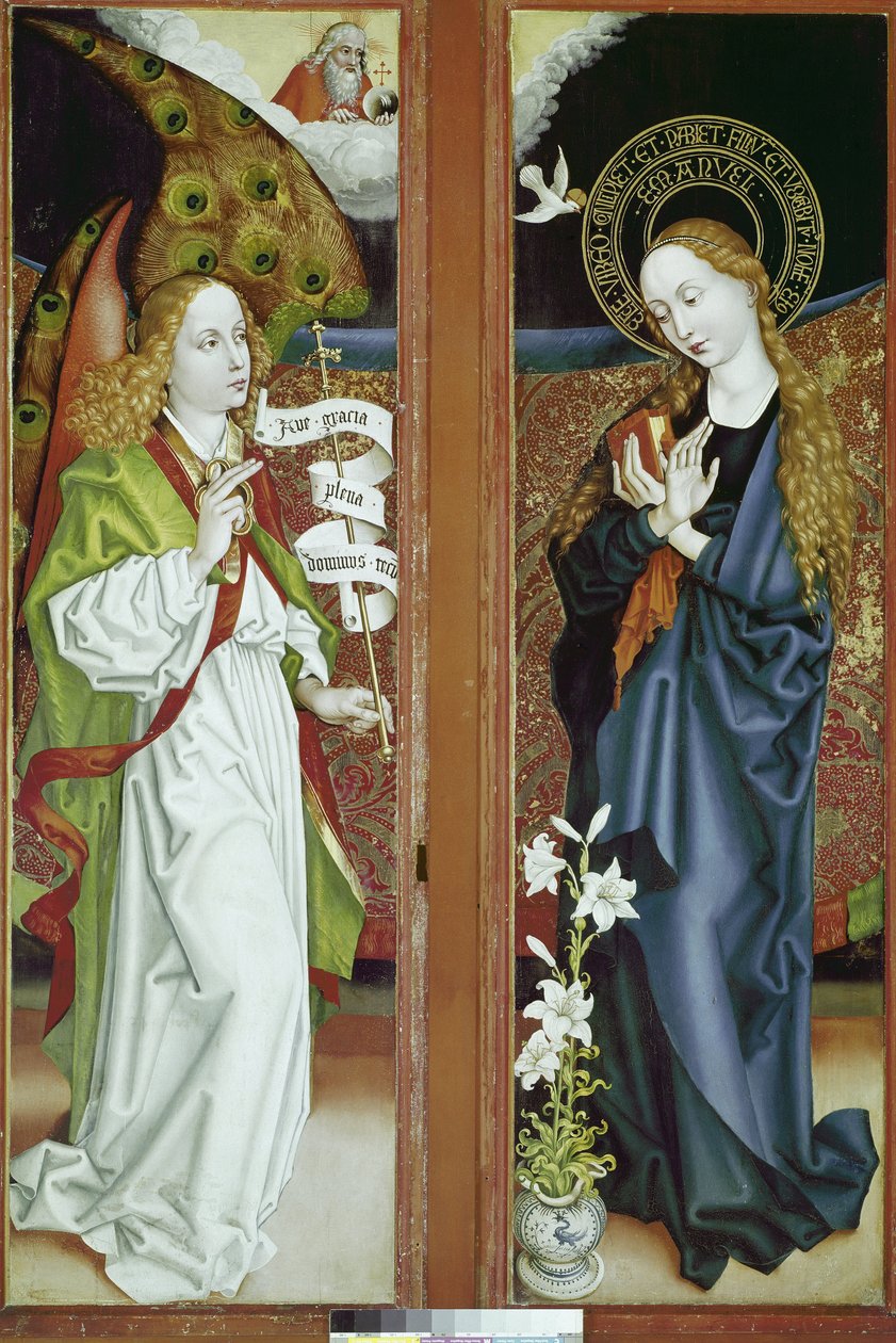 Bebådelsealtartavlan av Orlier. Målning av Martin Schongauer (1453-1491), olja på trä. Colmar, Unterlindens museum av Martin Schongauer
