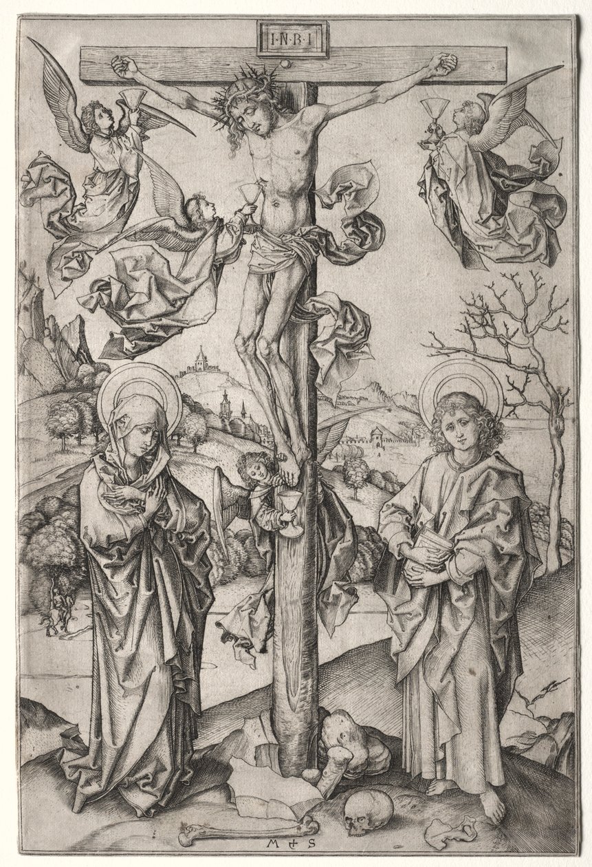 Korsfästelsen med fyra änglar. av Martin Schongauer
