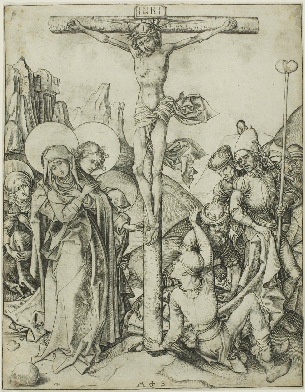 Korsfästelsen med de heliga kvinnorna, Johannes och de romerska soldaterna av Martin Schongauer
