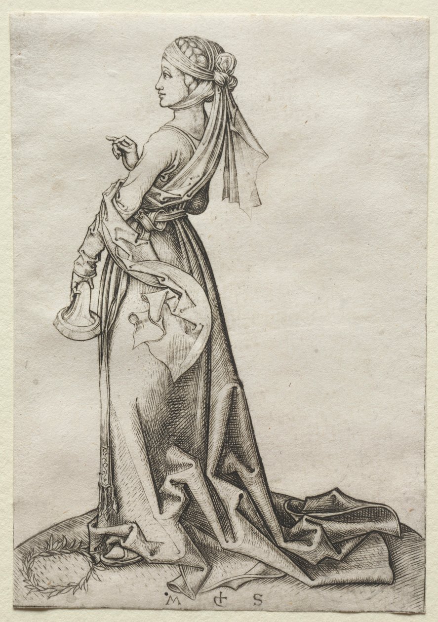 Den första av de dåraktiga jungfrurna. av Martin Schongauer