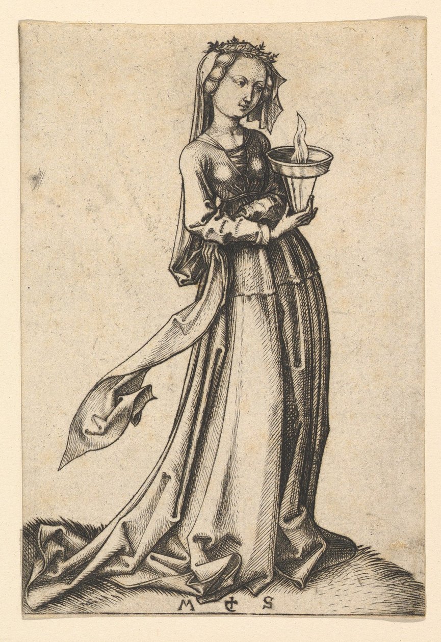 The Fourth Wise Virgin, från serien The Wise and Foolish Virgins, ca. 1435-1491. av Martin Schongauer