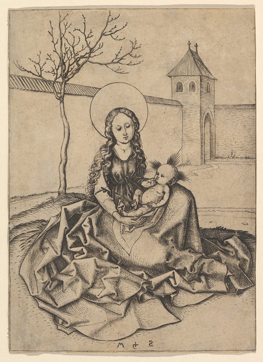 Madonnan och barnet på gården, ca. 1435-1491. av Martin Schongauer