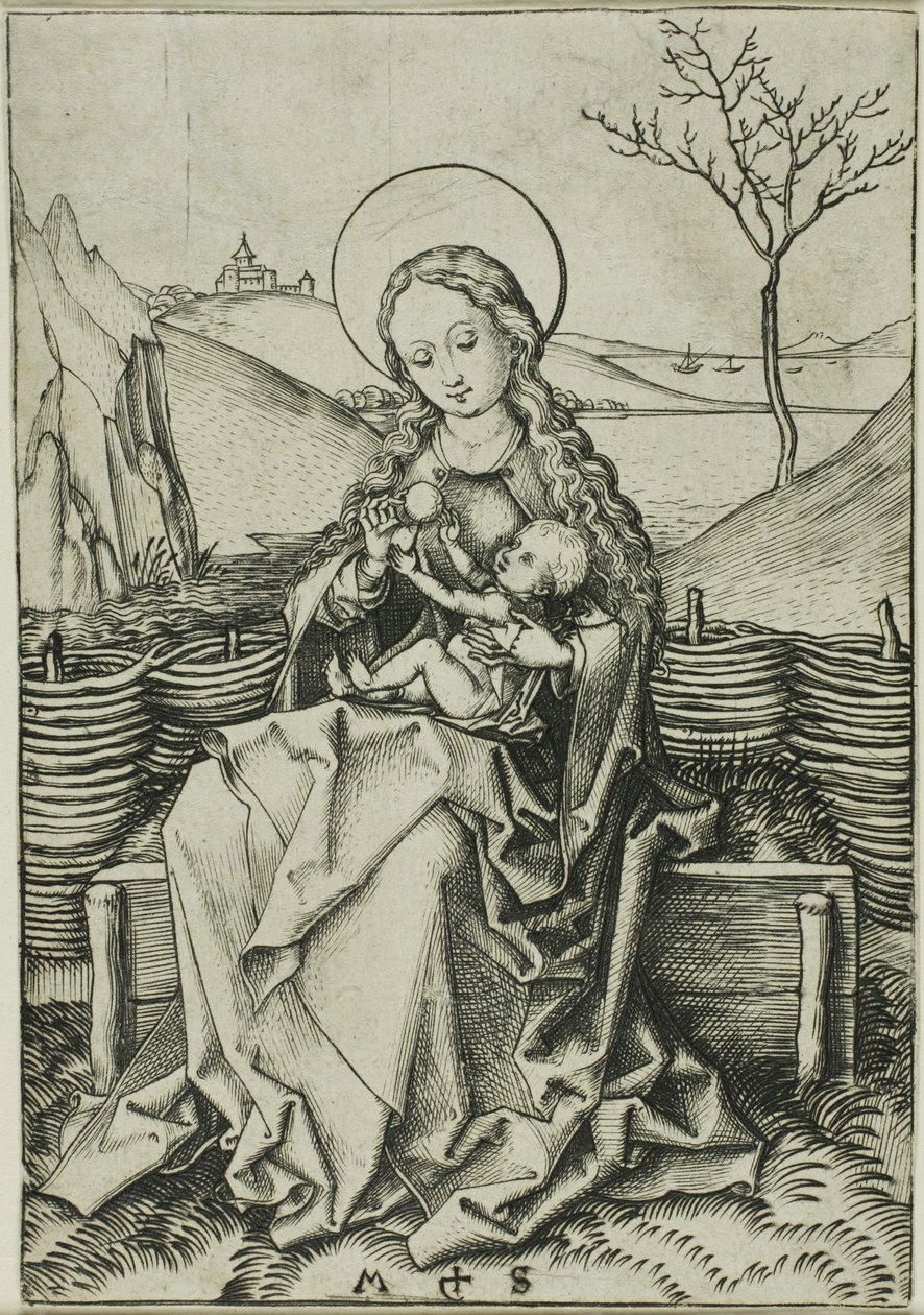 Madonna med barnet på en gräsbevuxen bänk av Martin Schongauer