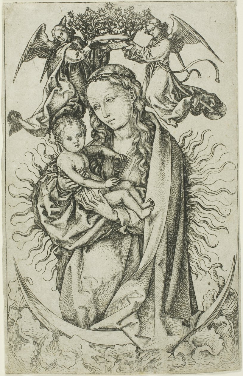 Madonnan på halvmånen krönt av två änglar av Martin Schongauer