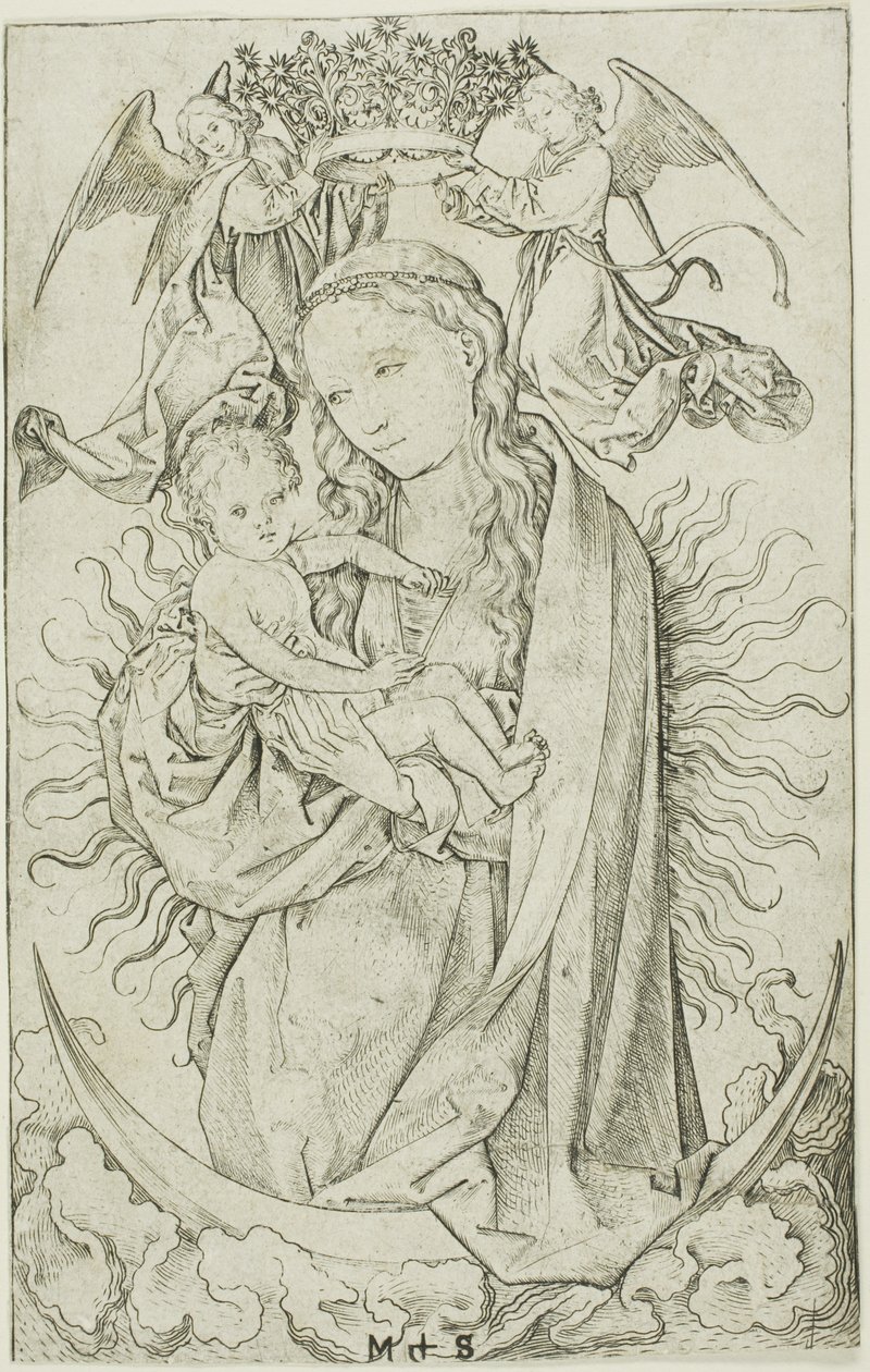 Madonnan på halvmånen krönt av två änglar av Martin Schongauer