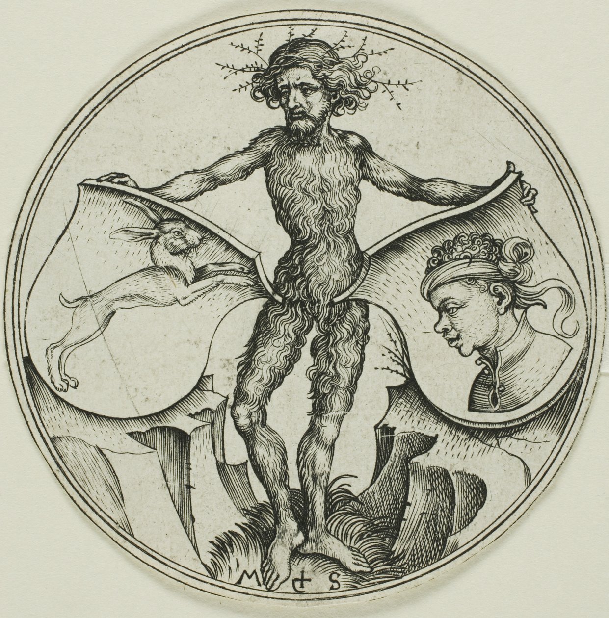 Två sköldar med ett har- och ett morkullahuvud, hållna av en vildman av Martin Schongauer