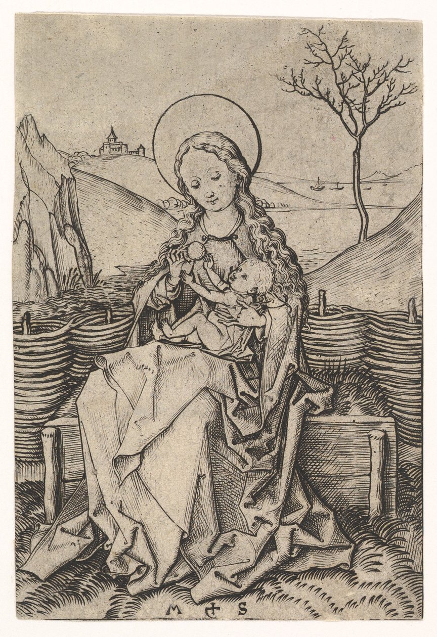 Jungfru och barn på en gräsbänk, ca. 1435-1491. av Martin Schongauer